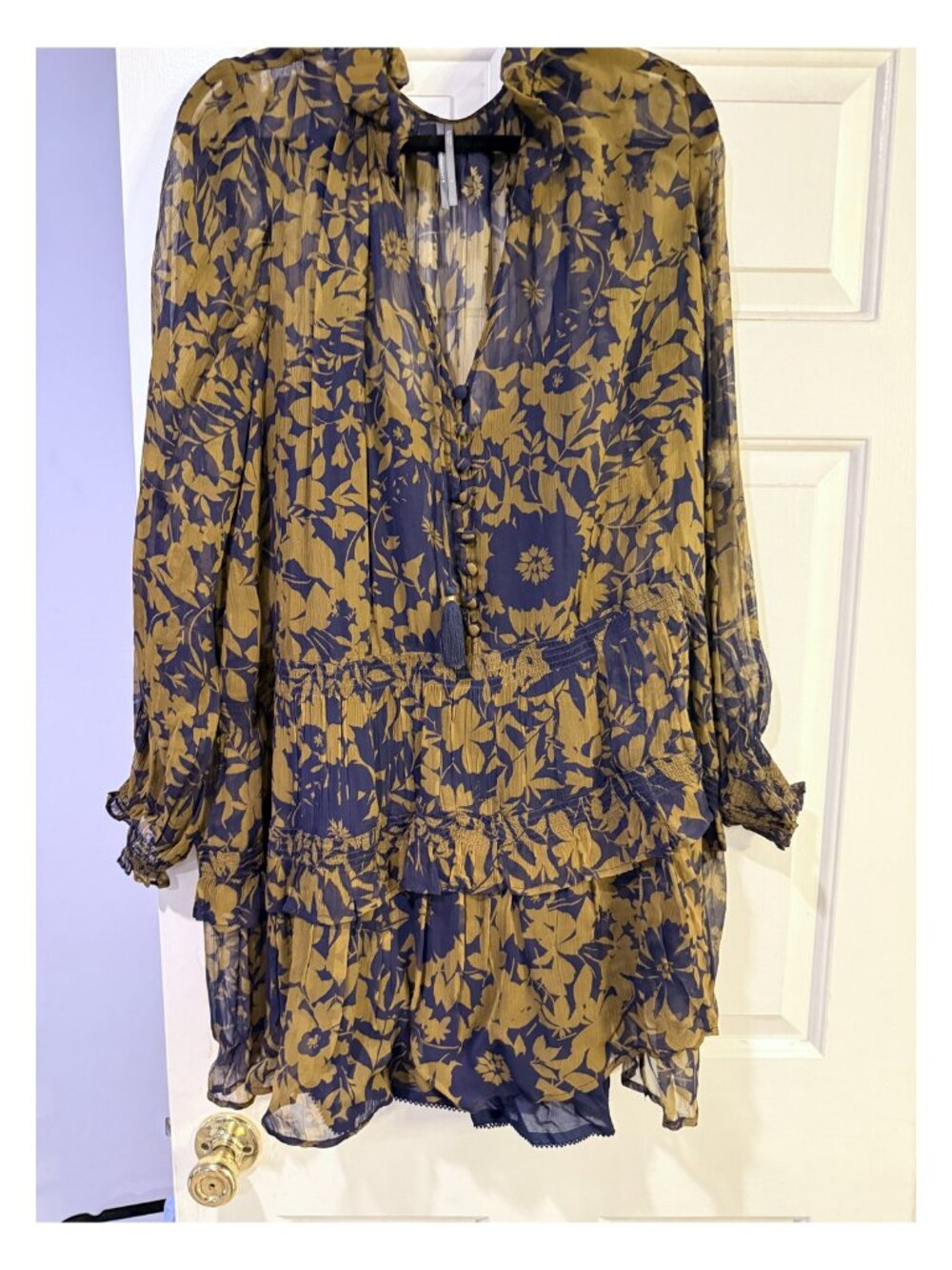 By Anthropologie Marais Navy Mustard Chiffon Mini Dress M